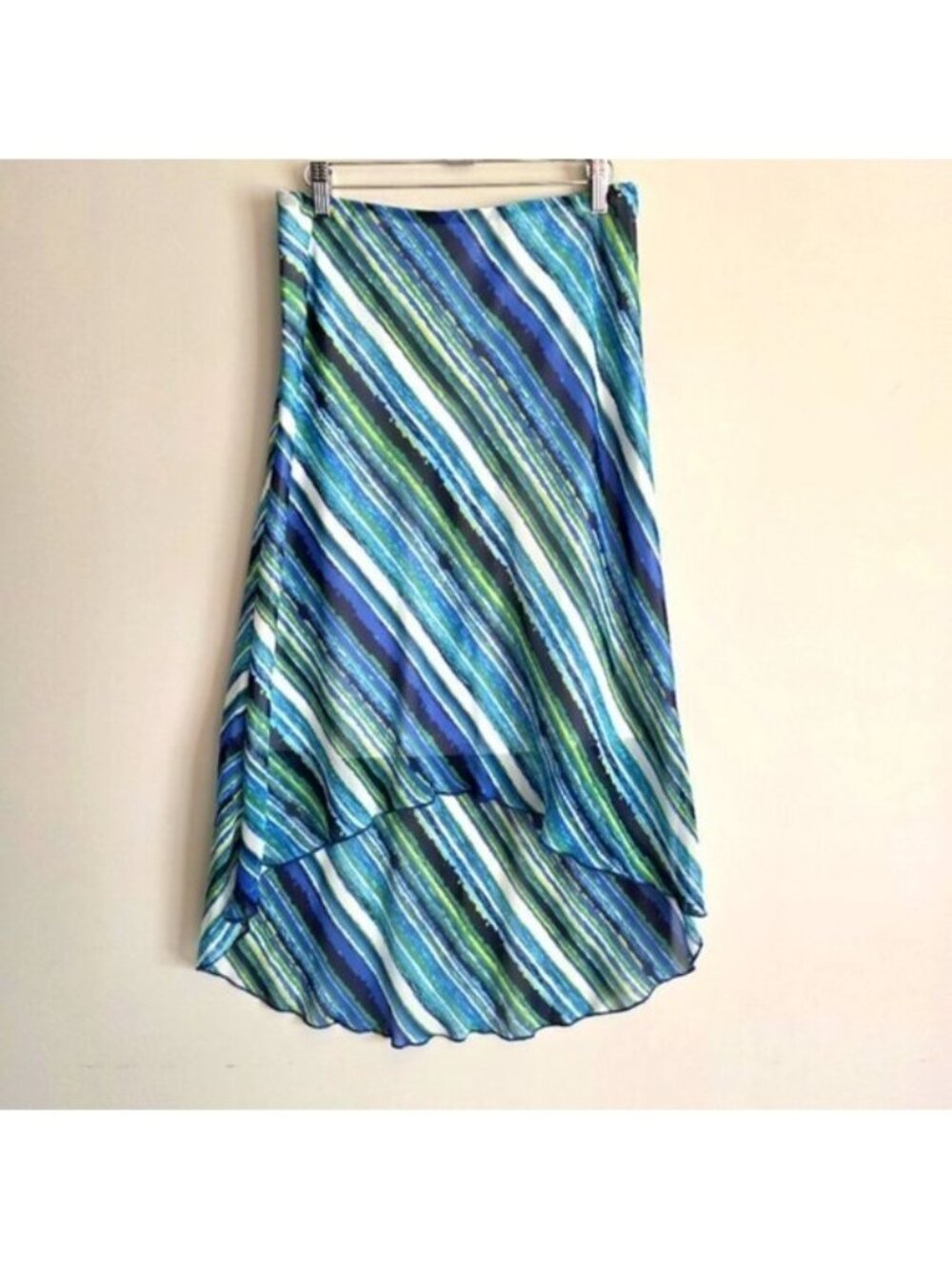 M I K O Flowy High Low Chiffon Summer Skirt Blue Stripe Small